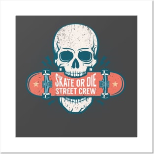 Skull holds a skateboard in his teeth Posters and Art